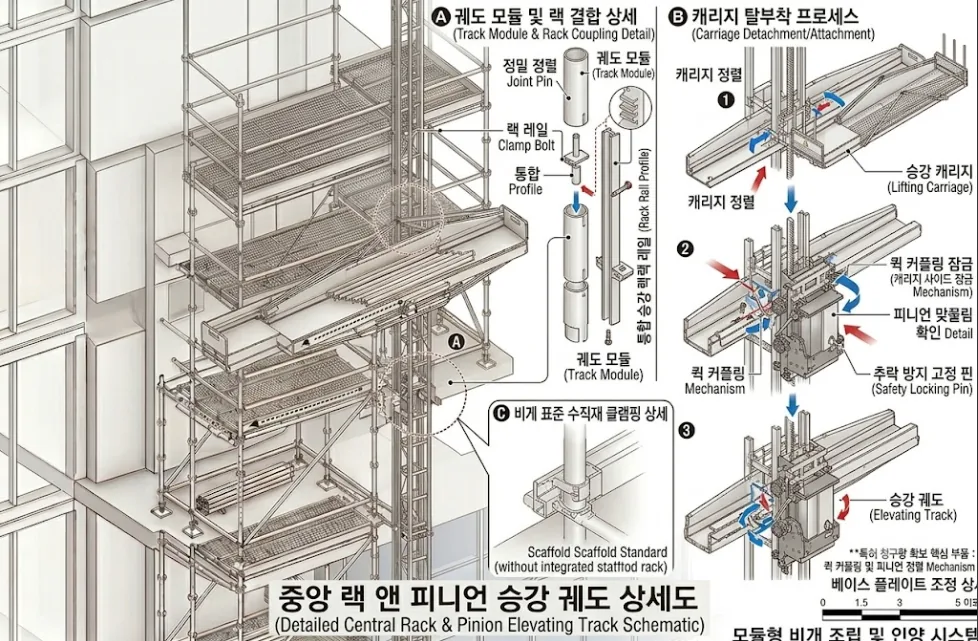 궤도 모듈과 랙 결합, 추락 방지 고정핀이 표기된 승강 궤도 상세도